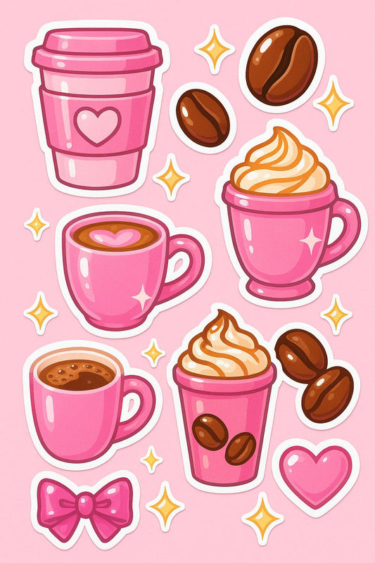 Cute Pink Coffee Cup Stickers, Heart and Bow Designs, Latte Art Decals, Girly Coffee Lover Gift
