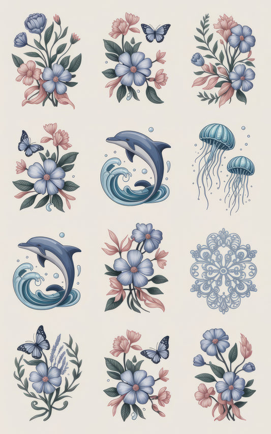 Vintage Ocean and Floral Tattoo Designs, Blue Flowers, Dolphins, Jellyfish, Butterflies, Nautical Art Prints Set
