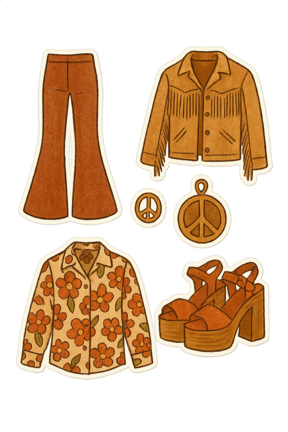 Vintage-Inspired Fashion Stickers, 70s Style Clothing, Bell Bottoms, Floral Blouse, Platform Shoes, Jacket Patch Set