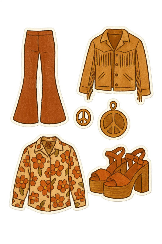 Vintage-Inspired Fashion Stickers, 70s Style Clothing, Bell Bottoms, Floral Blouse, Platform Shoes, Jacket Patch Set
