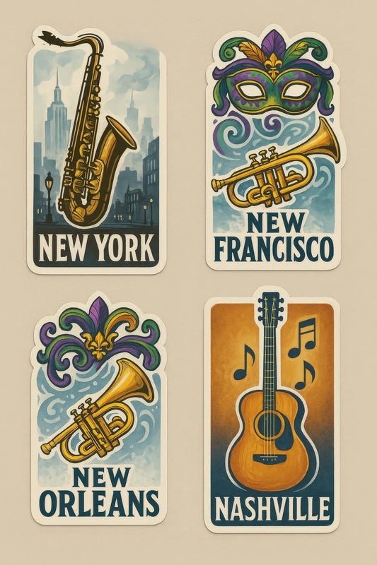 Vintage City Music Themed Art Prints, New York Saxophone, San Francisco Trumpet, New Orleans Jazz, Nashville Guitar Decor Set