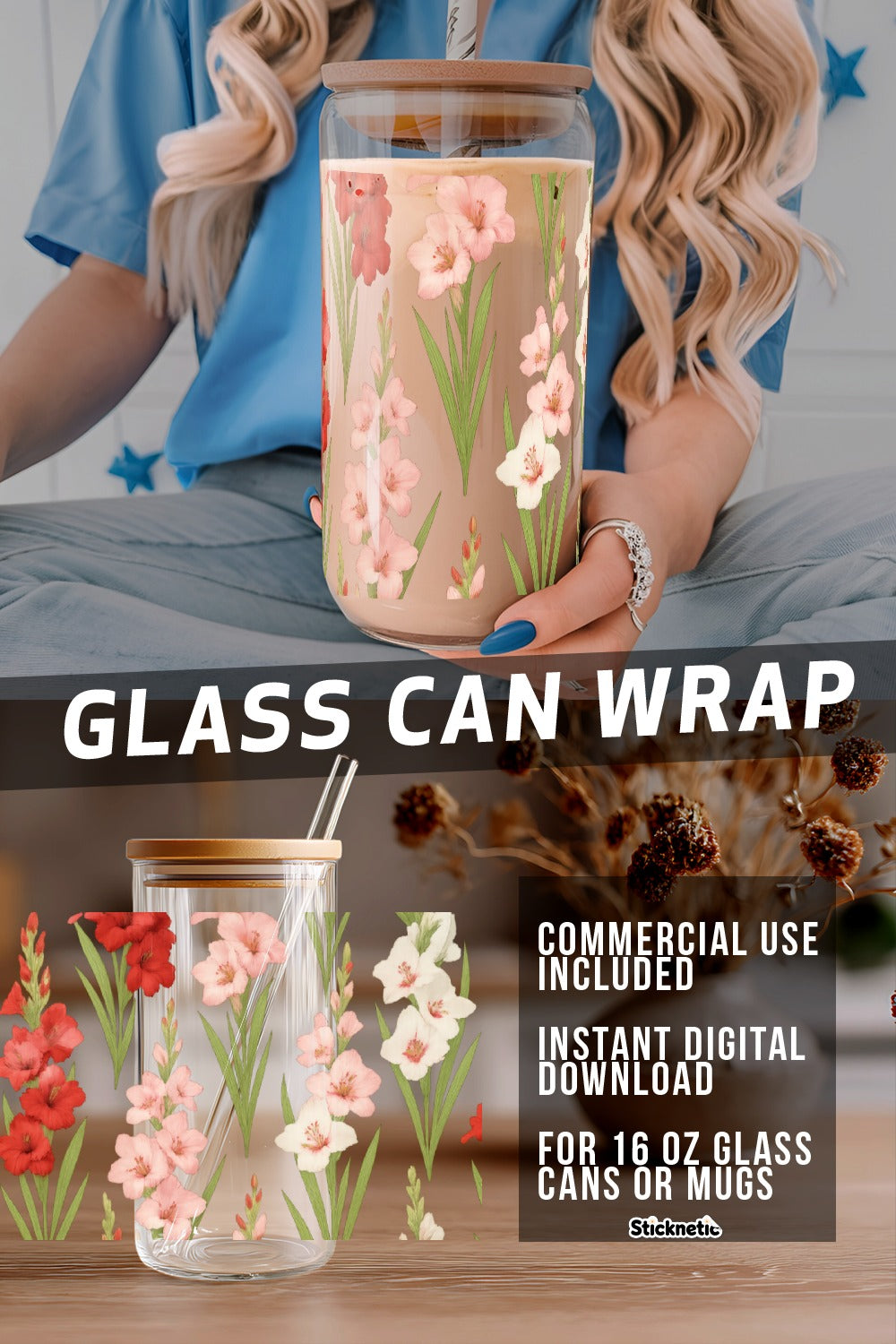 Floral Glass Can Wrap SVG, Instant Download for 16 oz Mugs, Commercial Use, DIY Tumbler Design, Digital File