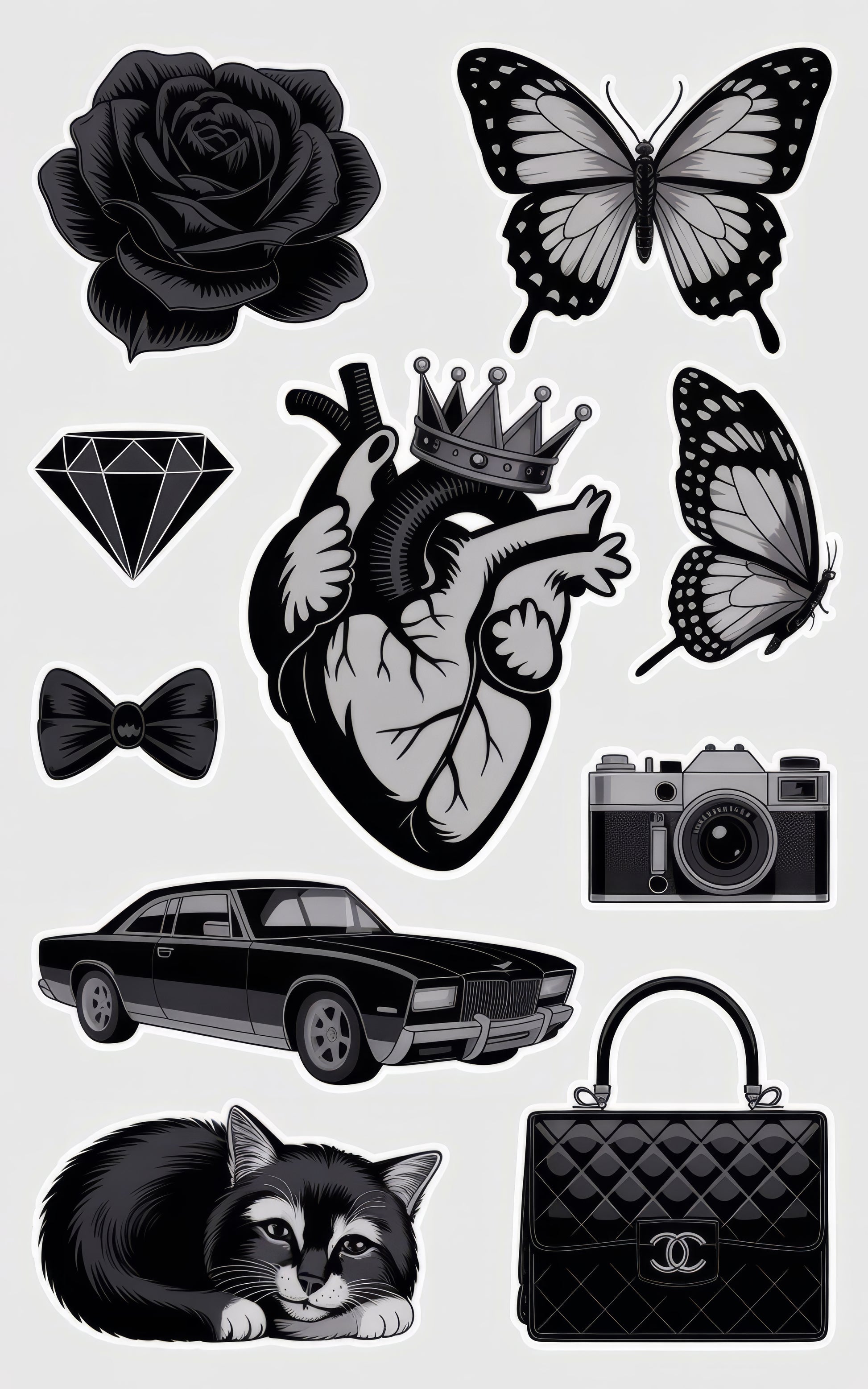 Vintage Style Stickers Set, Classic Car, Camera, Heart, Butterfly, Rose, Fashion Bag, Diamond Decals