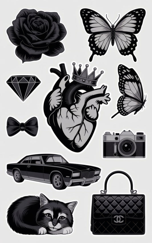 Vintage Style Stickers Set, Classic Car, Camera, Heart, Butterfly, Rose, Fashion Bag, Diamond Decals