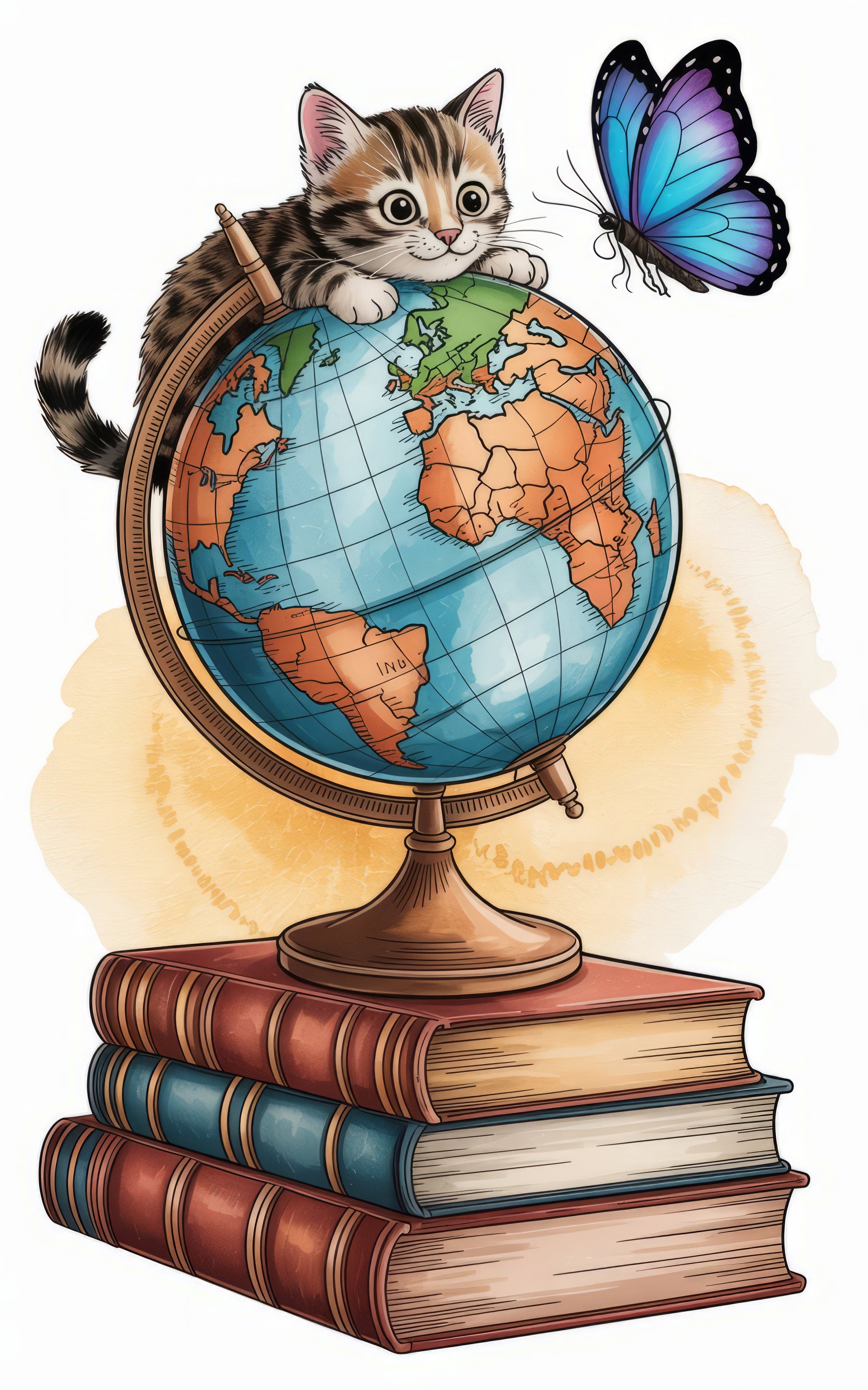 Cat and Butterfly Globe Art Print, Vintage Style Illustrated Poster, Decorative World Map with Animals, Classroom Educational Decor