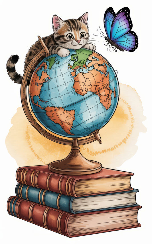 Cat and Butterfly Globe Art Print, Vintage Style Illustrated Poster, Decorative World Map with Animals, Classroom Educational Decor