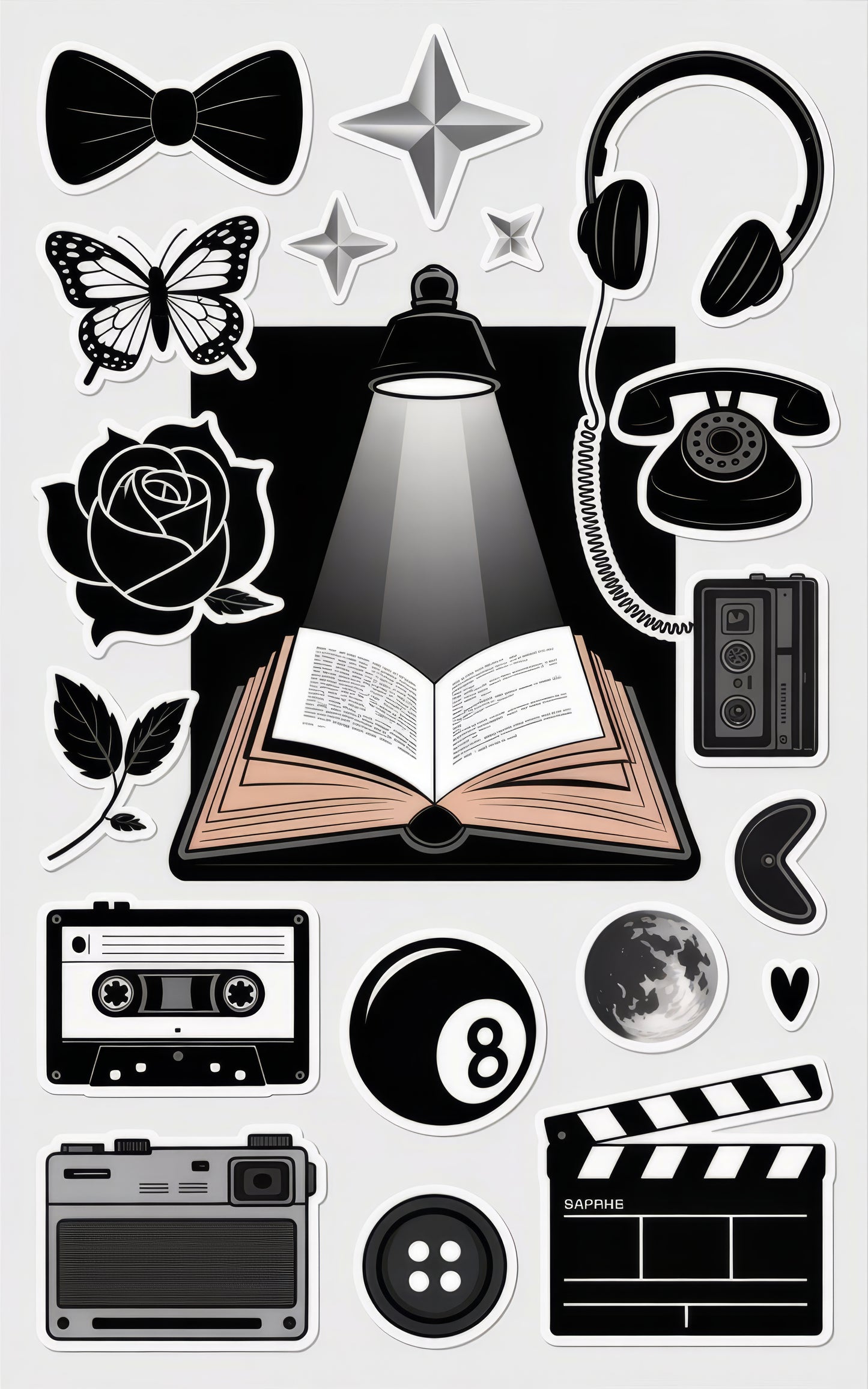 Vintage Sticker Pack, Retro Icons, Headphones, Camera, Cassette, Phone, Rose, Book Decals