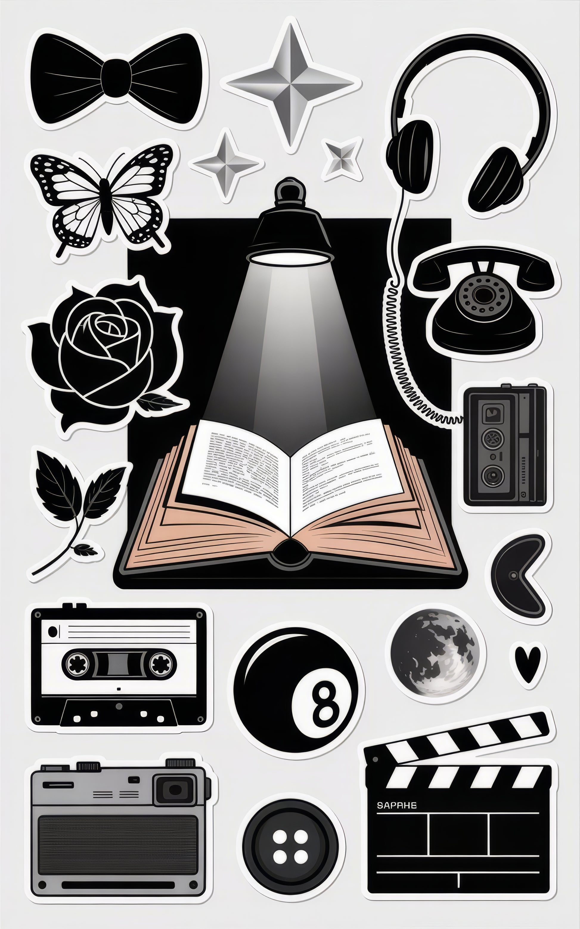 Vintage Sticker Pack, Retro Icons, Headphones, Camera, Cassette, Phone, Rose, Book Decals