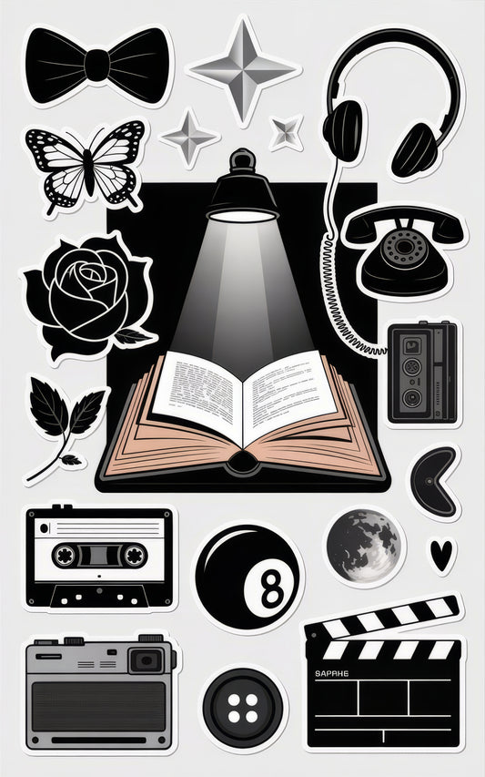 Vintage Sticker Pack, Retro Icons, Headphones, Camera, Cassette, Phone, Rose, Book Decals