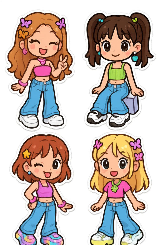 Cute Cartoon Girl Stickers, Colorful Vinyl Decal Set, Fashionable Kids Characters, Durable Waterproof Stickers for Laptops and Notebooks