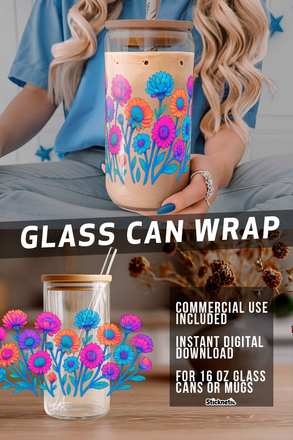 Floral Glass Can Wrap, Colorful Flower Decal for 16 oz Mugs, Instant Download Commercial Use