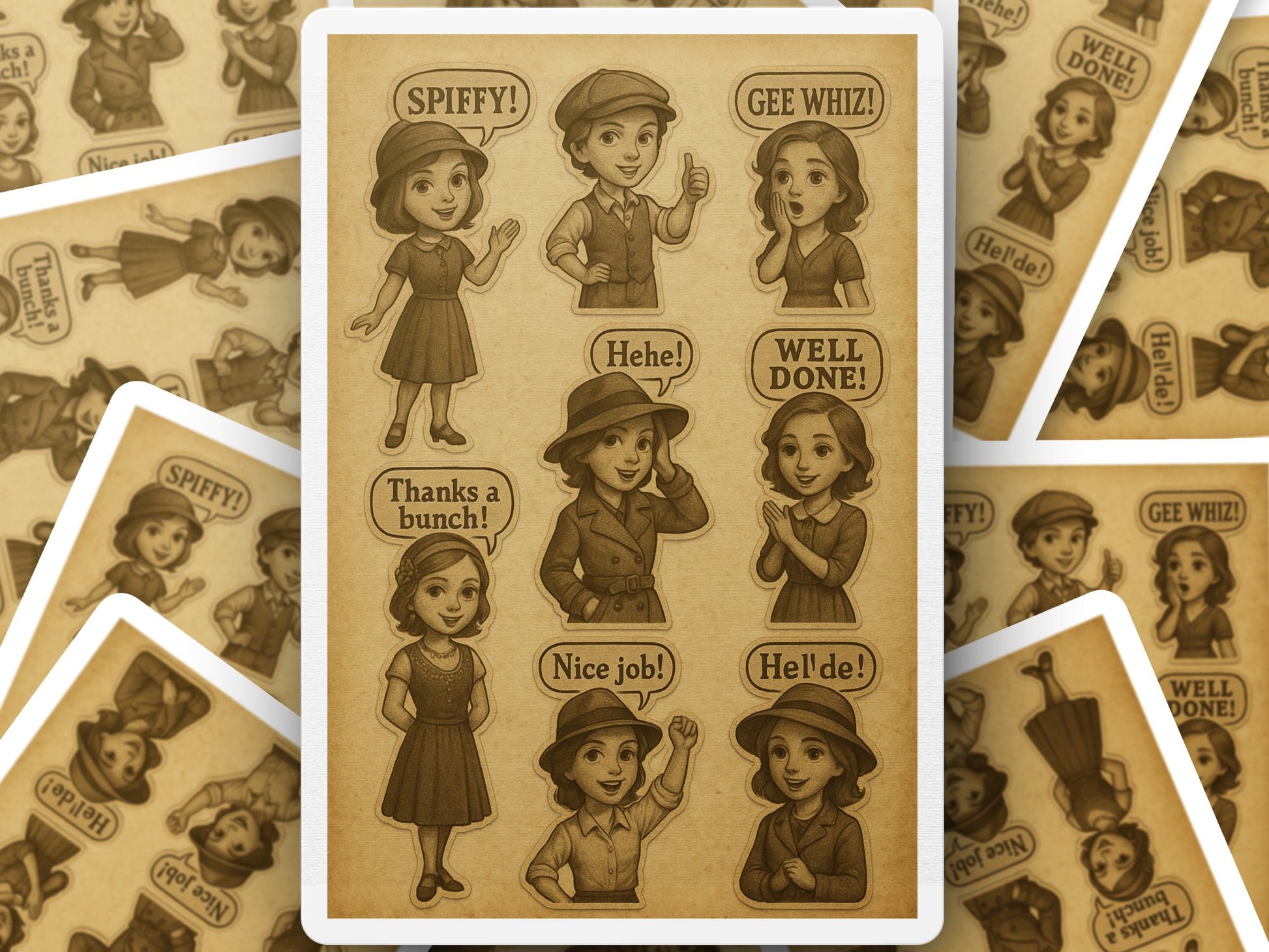 Vintage Style Sticker Sheet, Retro Kids Comic Book Design, Cute Thank You Label Set