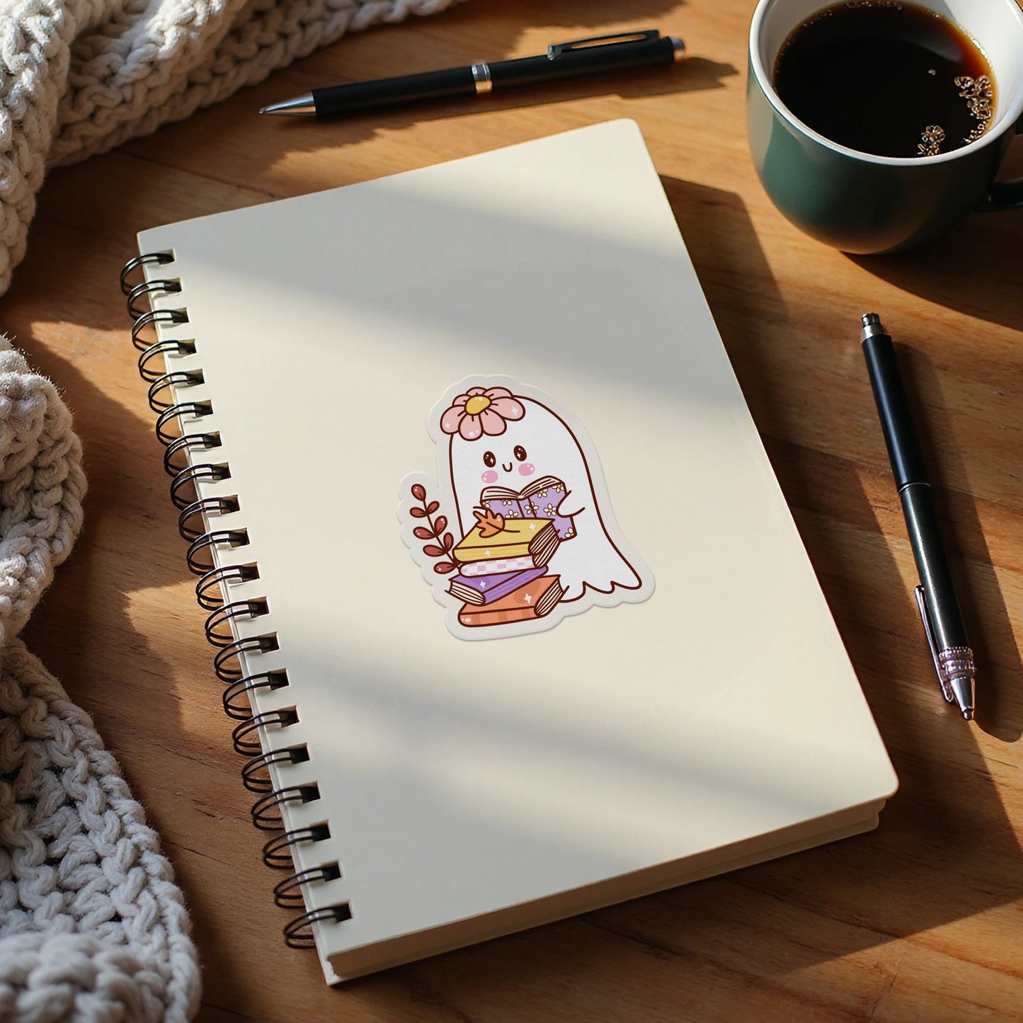 Adorable Ghost Reading Sticker Thick Spiral Notebook product