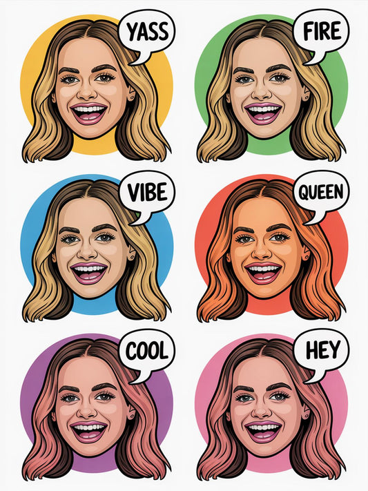 Pop Art Female Face Stickers, Vibrant Cartoon Stickers, Yass Fire Vibe Queen Cool Hey Decals for Laptops and Journals
