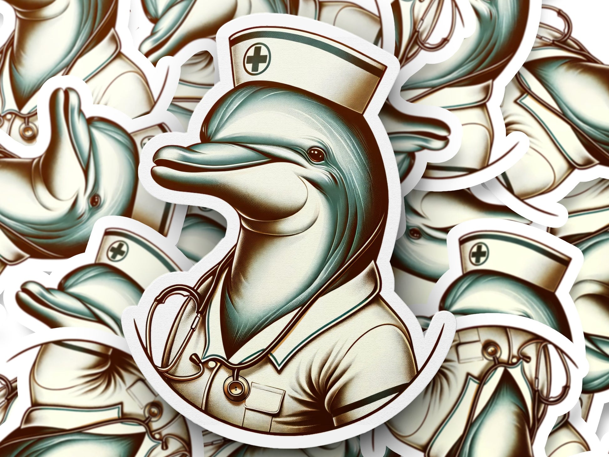 Nurse Dolphin Stickers, Cute Medical Theme Vinyl Decals, Waterproof, for Laptops and Water Bottles, Unique Gift Idea