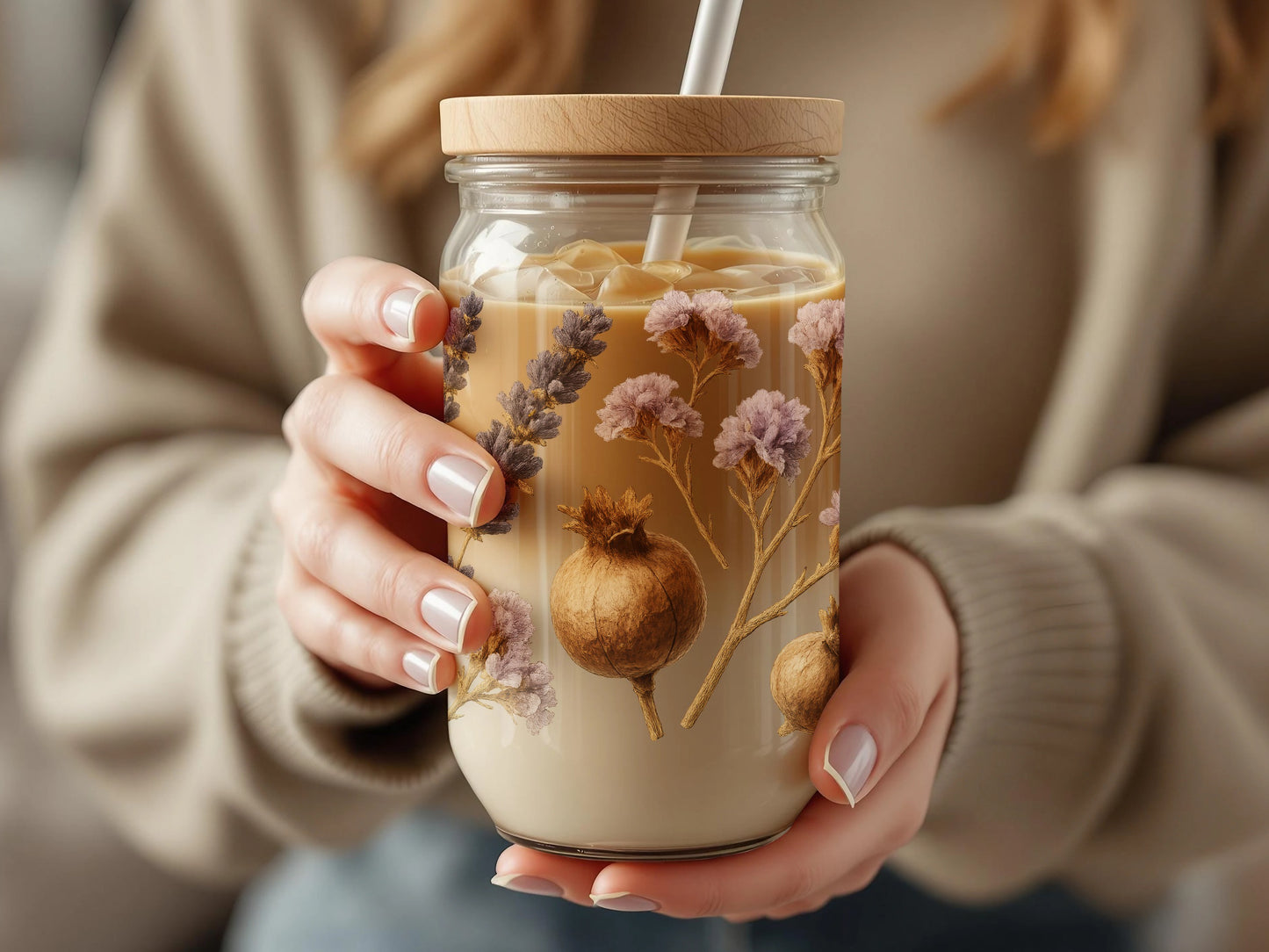 Handmade Floral Resin Coffee Mug with Natural Elements and Reusable Straw