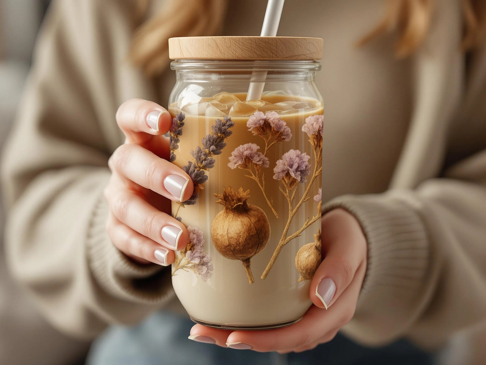 Handmade Floral Resin Coffee Mug with Natural Elements and Reusable Straw