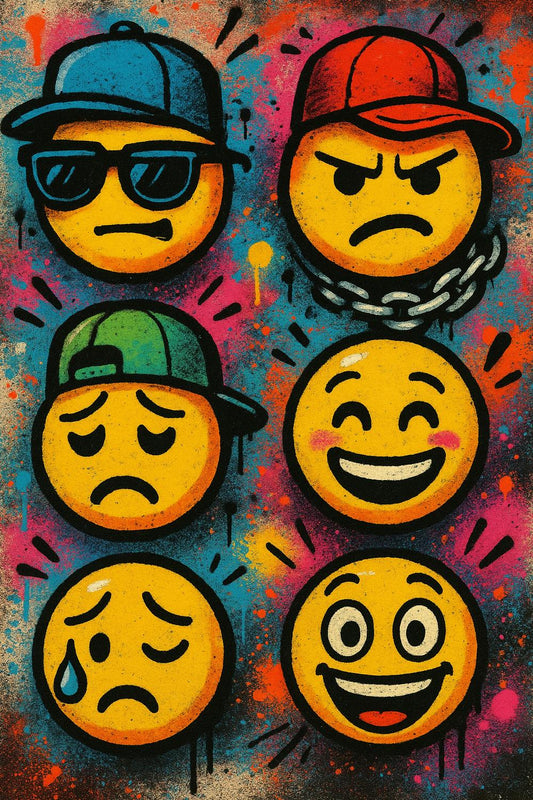 Colorful Urban Emoji Wall Art, Graffiti Style Emoticons Canvas Print, Vibrant Street Art Decor