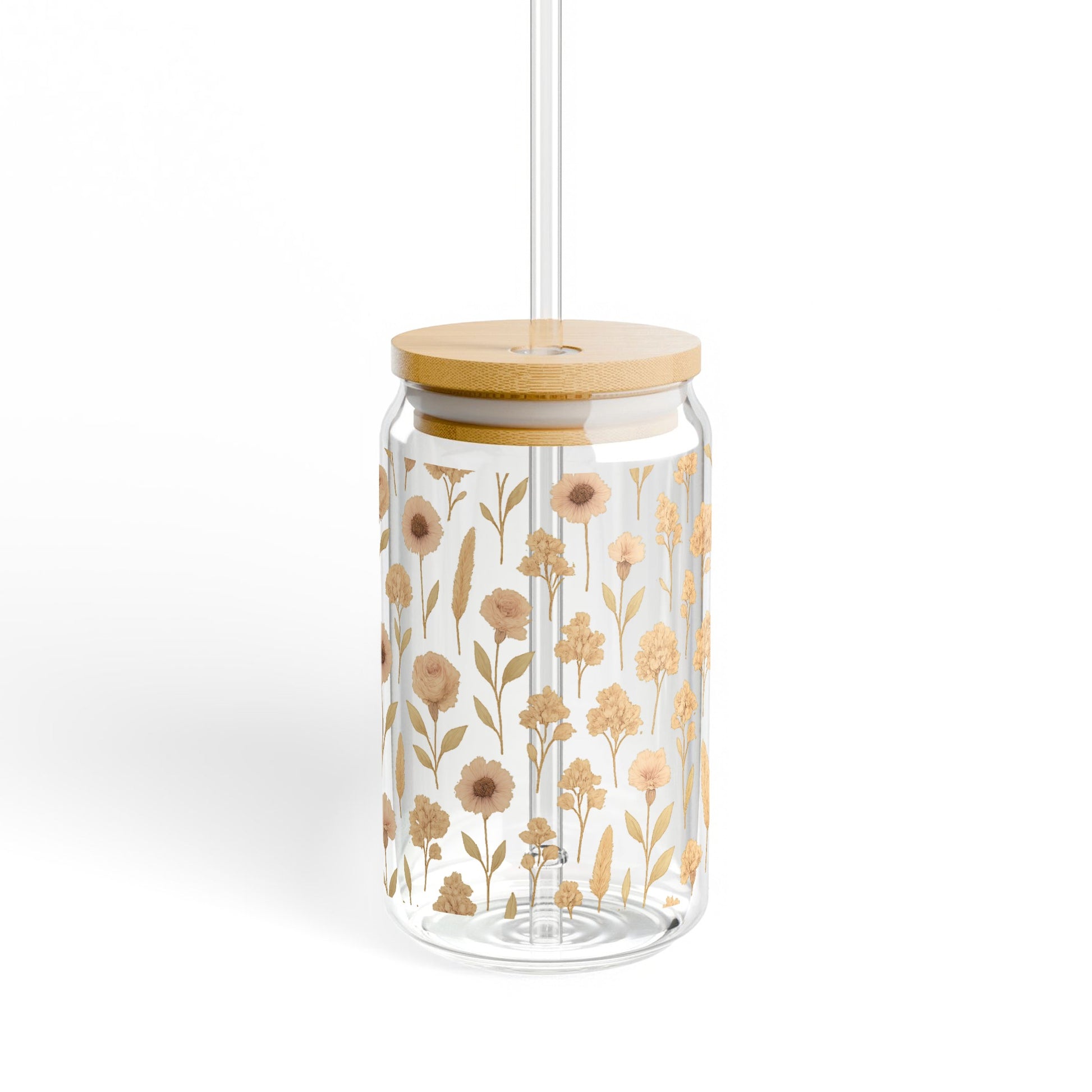 Floral Pattern Glass Jar with Bamboo Lid, Elegant Storage Container for Kitchen