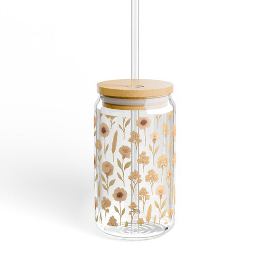 Floral Pattern Glass Jar with Bamboo Lid, Elegant Storage Container for Kitchen