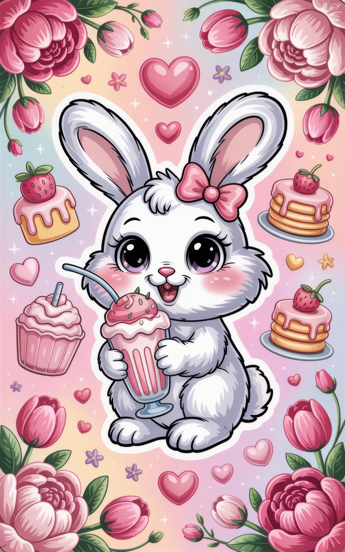 Cute Bunny Rabbit Print, Pink Flowers Hearts, Nursery Wall Art, Animal Illustration, Kids Room Decor, Baby Shower Gift Idea