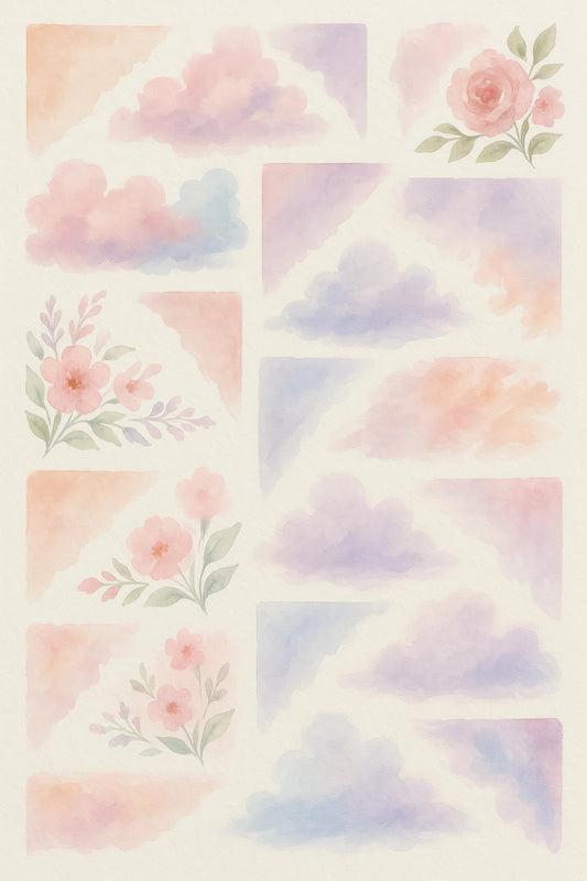 Watercolor Clouds and Floral Design Paper Set, Scrapbooking Background, Printable Art, Digital Download, Craft Supplies, Pastel Colors