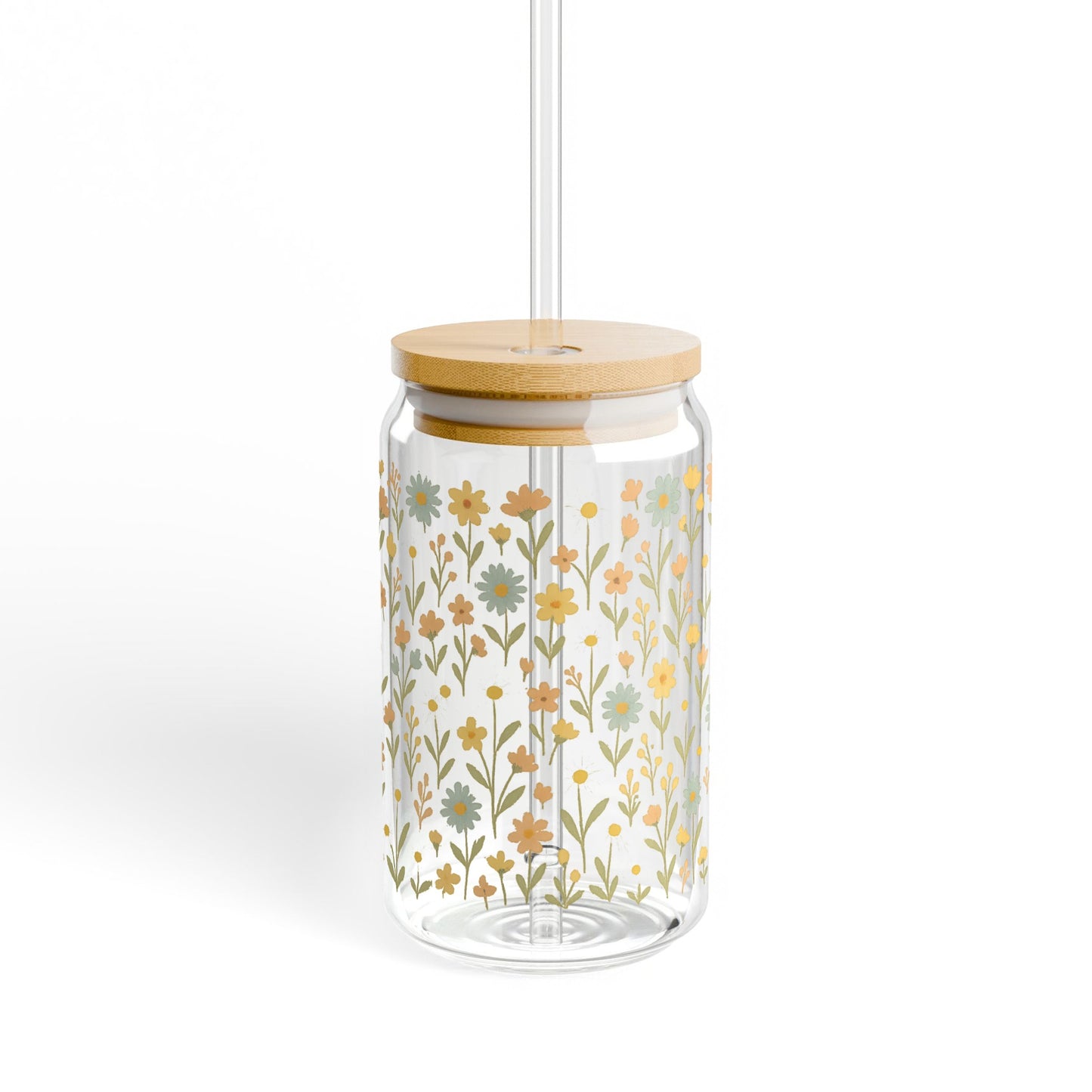 Floral Pattern Glass Jar with Bamboo Lid, Decorative Kitchen Storage Container, Versatile Home Decor