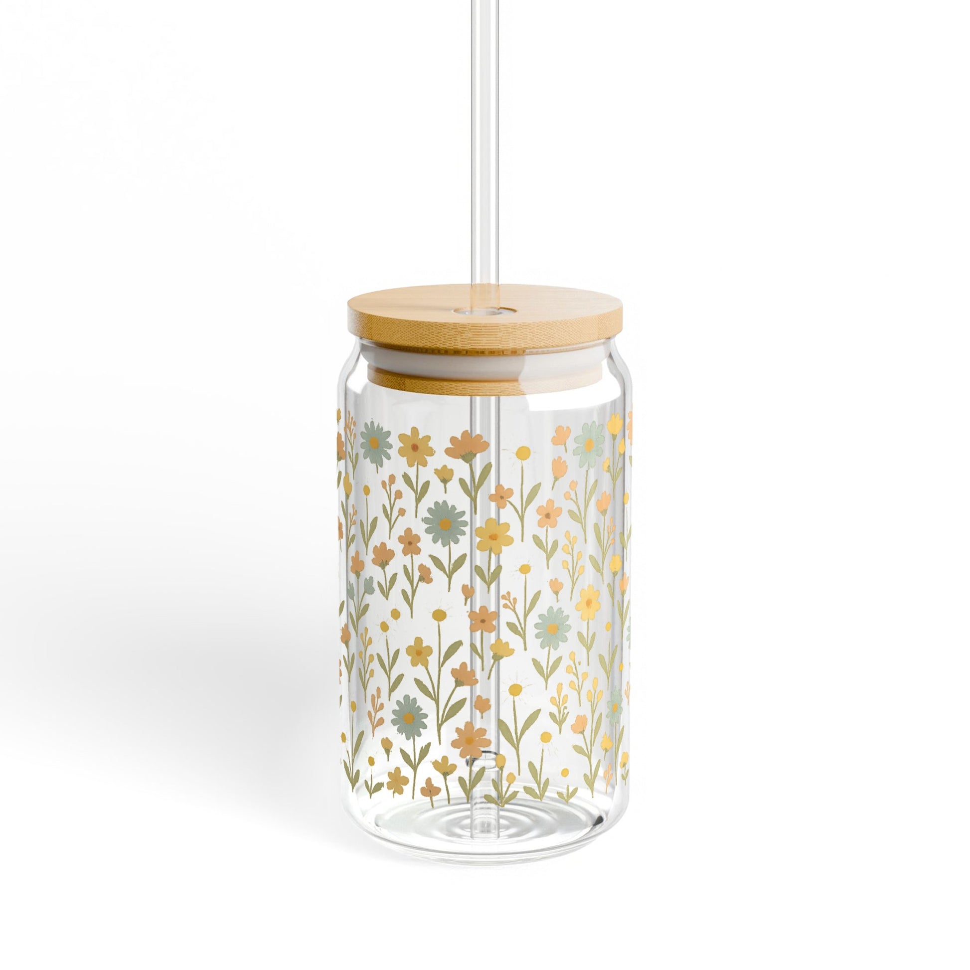 Floral Pattern Glass Jar with Bamboo Lid, Decorative Kitchen Storage Container, Versatile Home Decor