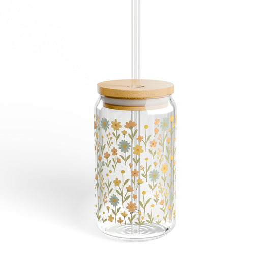 Floral Pattern Glass Jar with Bamboo Lid, Decorative Kitchen Storage Container, Versatile Home Decor