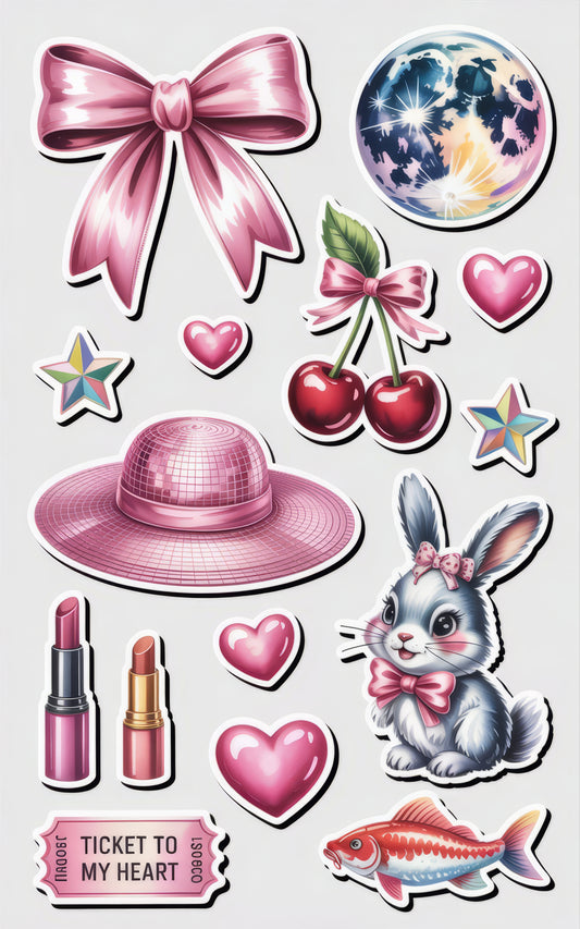 Colorful Sticker Pack - Cute Bunny, Pink Hat, Lipsticks, Hearts, Cherries, Fish, Stars, Bow