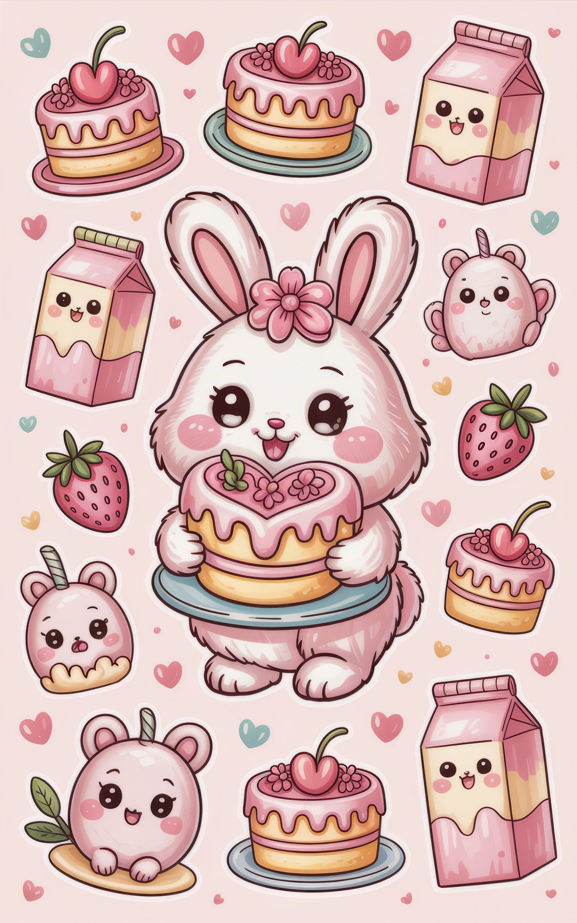 Cute Bunny and Friends Art Print, Kawaii Animals, Strawberry, Milk Carton, Decorative Nursery Wall Art, Pastel Colors