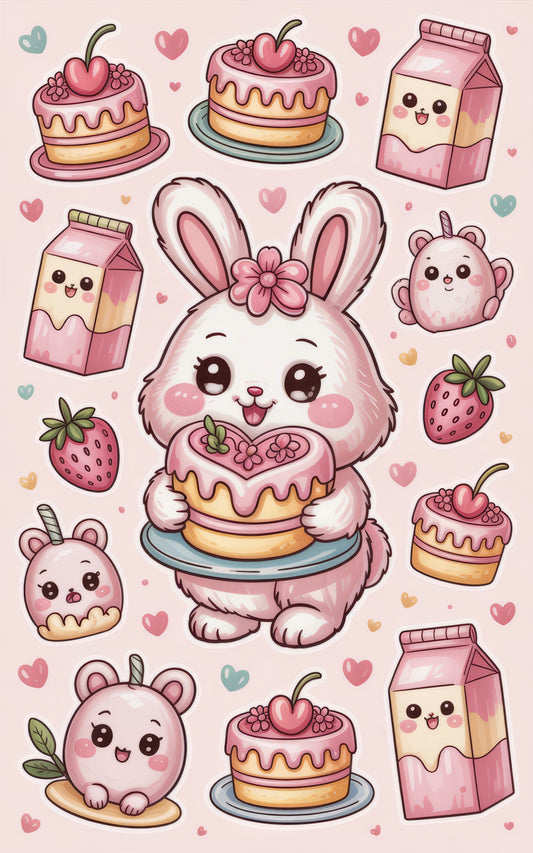Cute Bunny and Friends Art Print, Kawaii Animals, Strawberry, Milk Carton, Decorative Nursery Wall Art, Pastel Colors