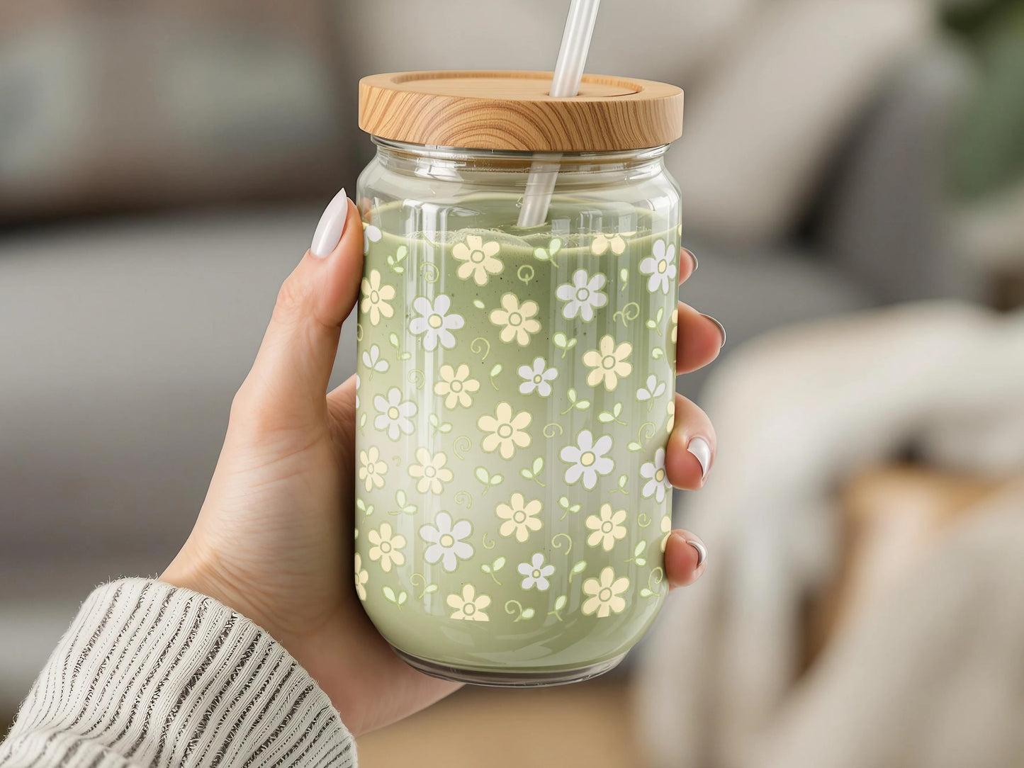 Floral Pattern Glass Mason Jar with Bamboo Lid, Reusable Straw, Eco-Friendly Green Drinkware, Spring Decor