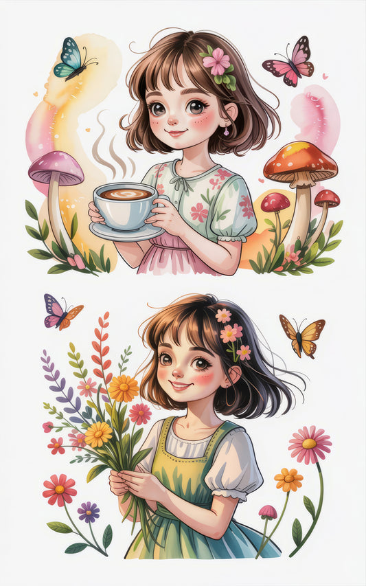 Whimsical Girl with Flowers and Butterflies Art Print, Colorful Nursery Decor, Cute Illustrated Poster for Kids Room