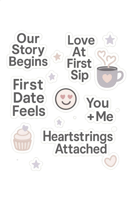 Love At First Sip Coffee Mug Sticker Set, Cute Date Night Romantic Decals, Our Story Begins, Heartstrings Attached, Cupcake and Stars