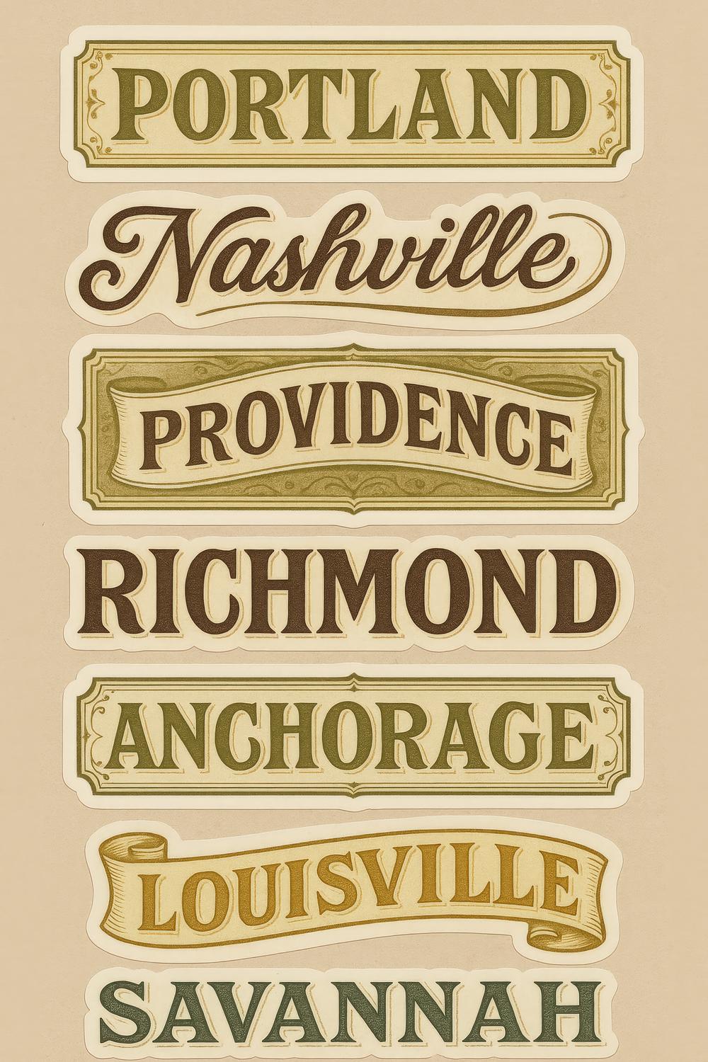 Vintage City Name Art Prints, Portland Nashville Providence Richmond Louisville Savannah Wall Decor