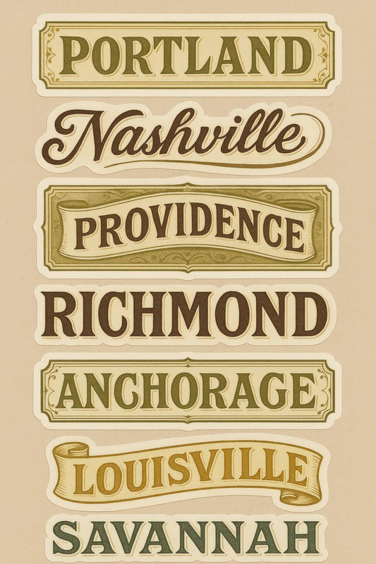 Vintage City Name Art Prints, Portland Nashville Providence Richmond Louisville Savannah Wall Decor