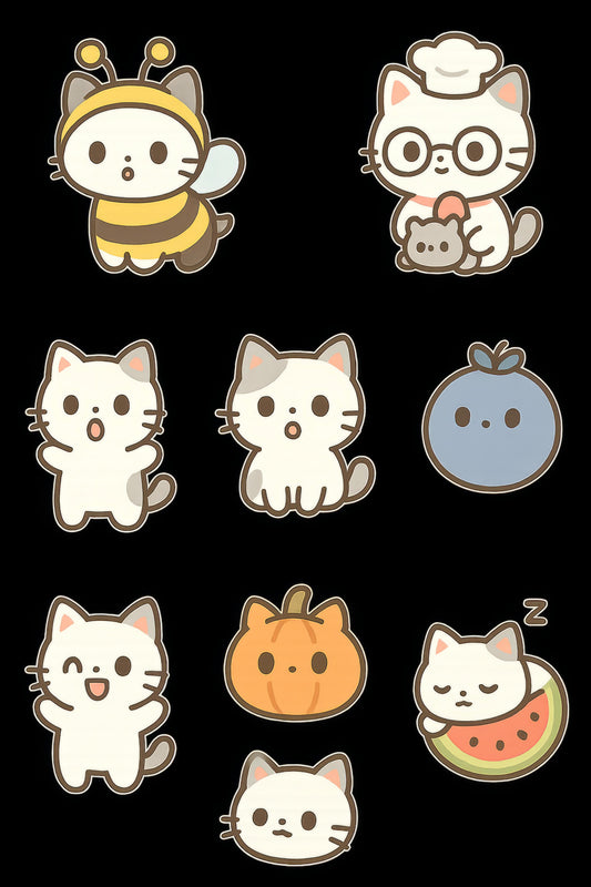 Cute Cat Stickers Set, Kawaii Kitty Decals, Bee Costume, Nurse, Fruits, Watermelon, Pumpkin, Cartoon Cat Stickers for Laptops and Journals