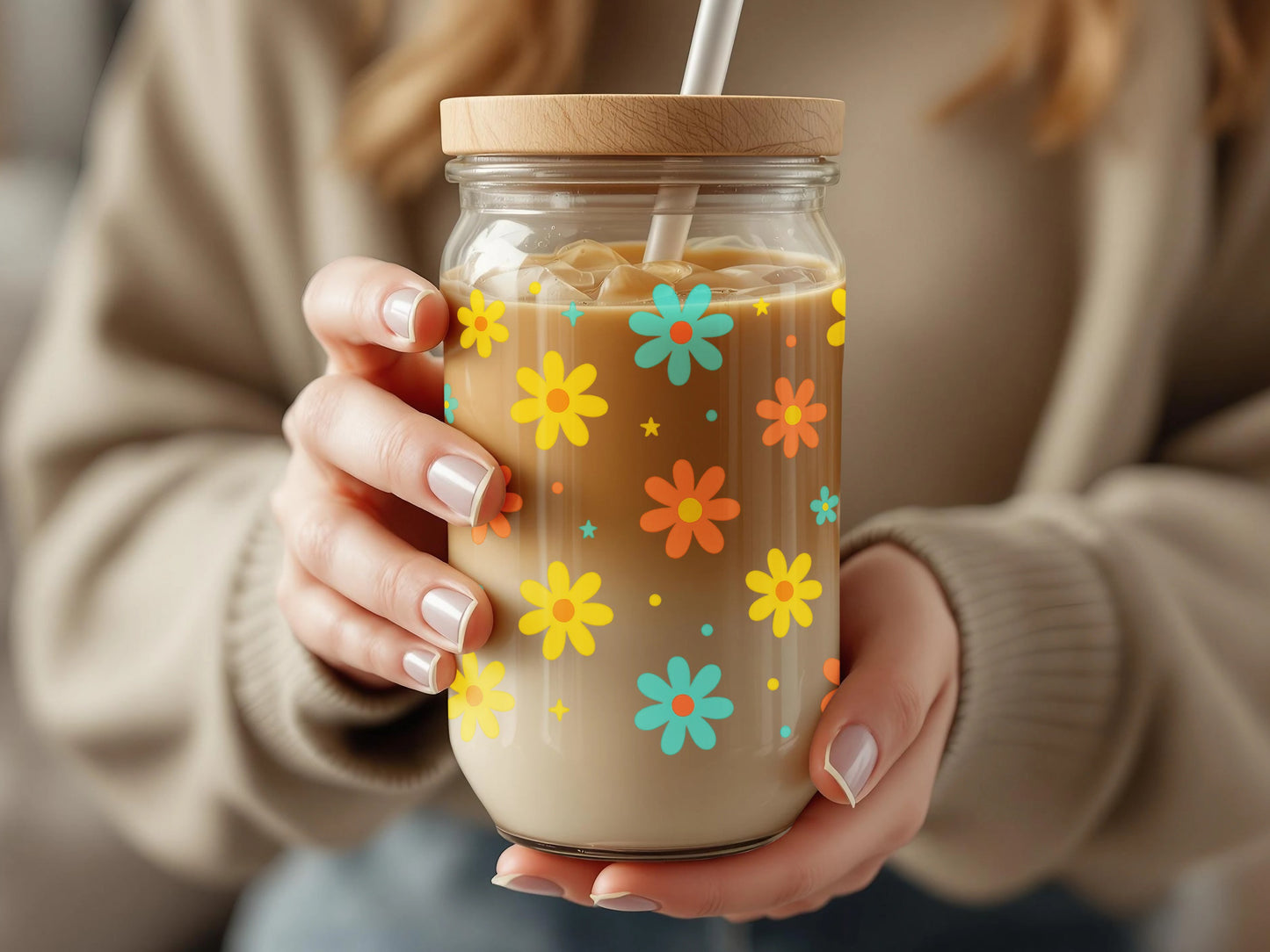 Floral Pattern Mason Jar Tumbler, Colorful Daisy Design, Reusable Glass Cup with Straw