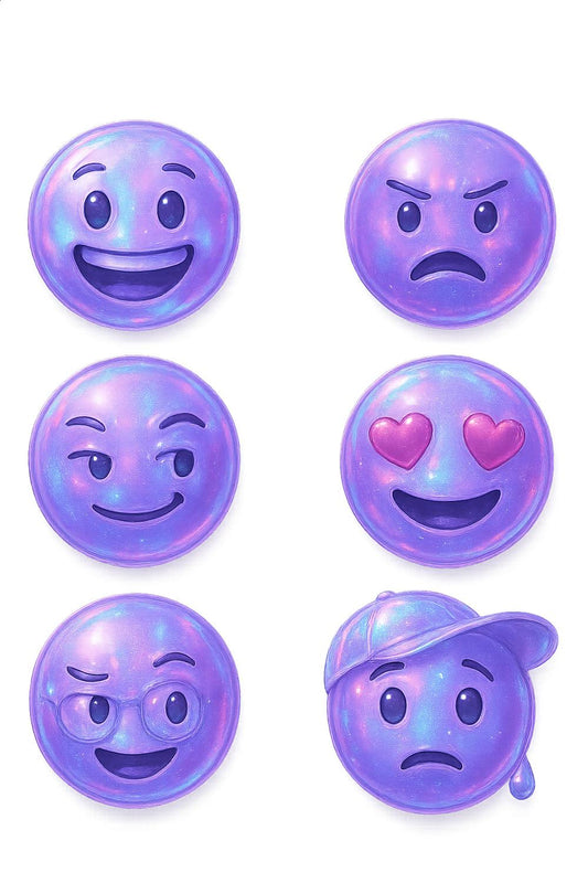 Set of 6 Purple Emoji Magnets, Cute Refrigerator Magnets, Expressive Cartoon Face Decors