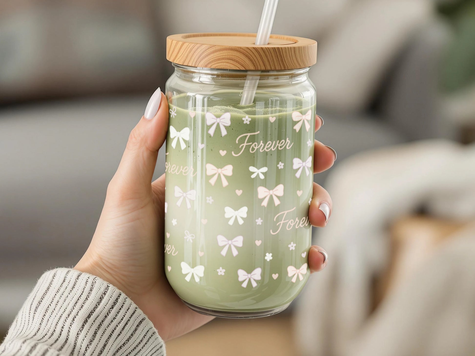 Personalized Forever Mason Jar Tumbler, Custom Drinkware with Bows, Bamboo Lid Straw, Eco-Friendly Glass