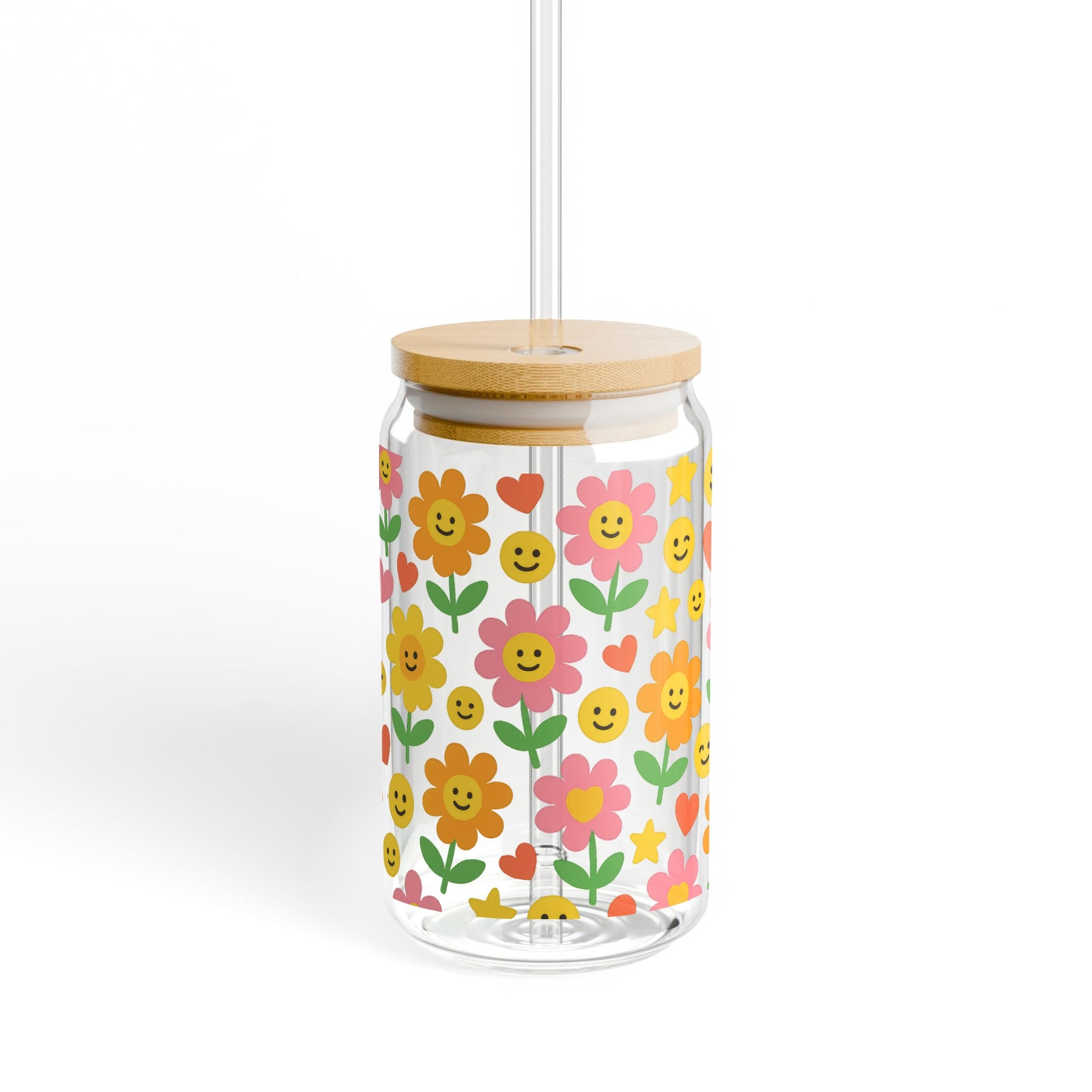 Colorful Flower and Smiley Face Pattern Glass Jar with Bamboo Lid, Cute Storage Container
