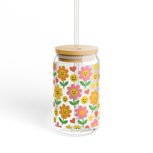 Colorful Flower and Smiley Face Pattern Glass Jar with Bamboo Lid, Cute Storage Container