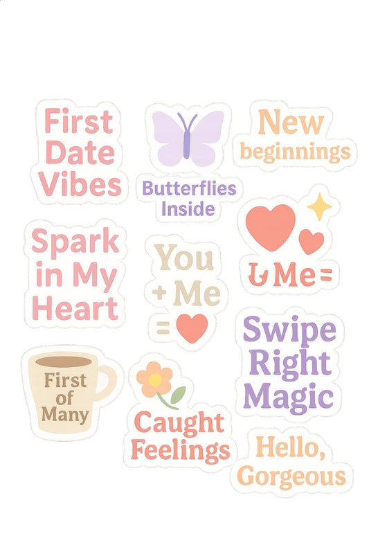 Romantic Sticker Pack, Love Quotes, Butterfly, Hearts, Coffee Cup, Swipe Right, Dating Theme Stickers for Scrapbooking and Journals