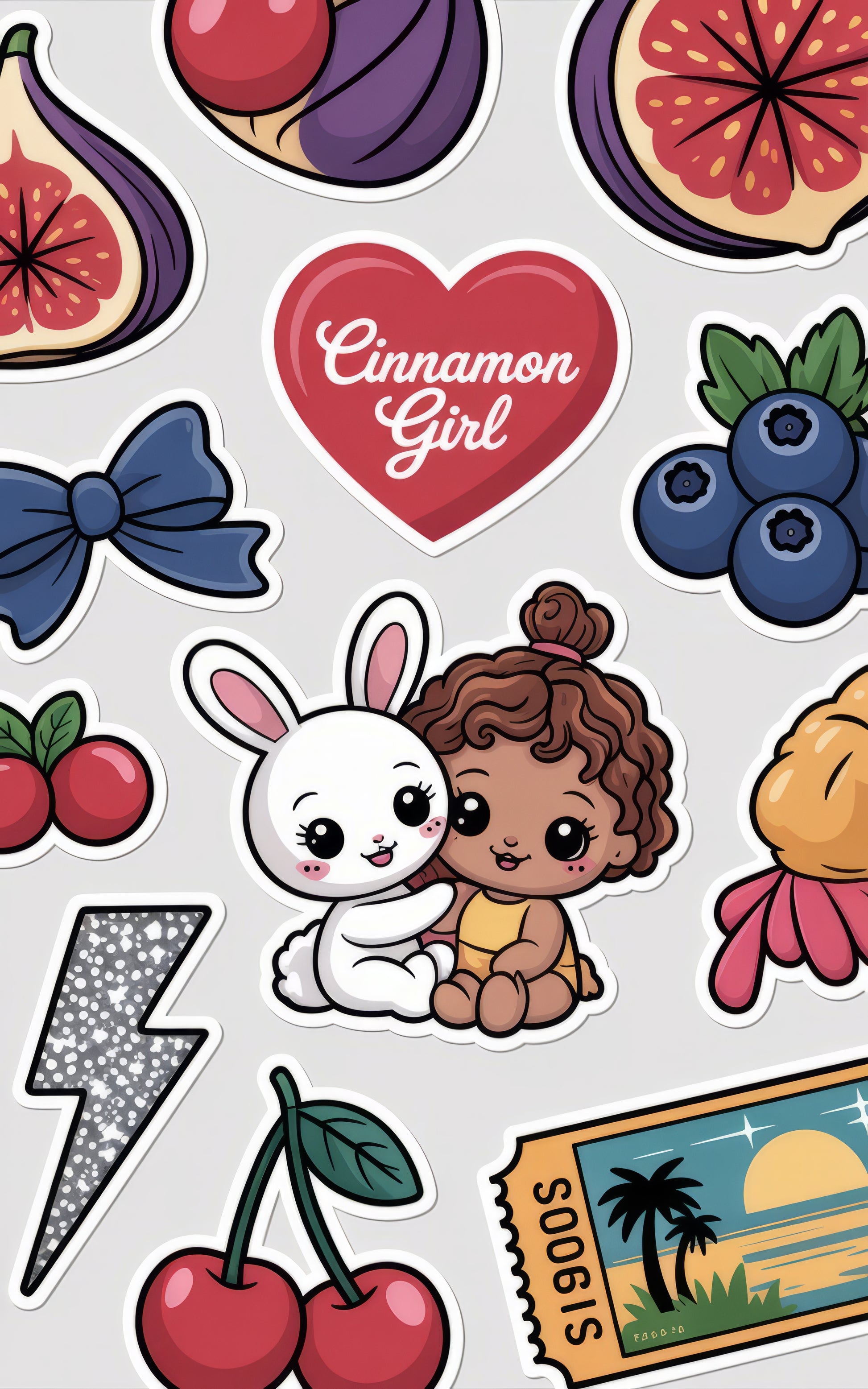 Cute Sticker Pack, Variety Set, Fruits, Bunny, Girl, Hearts, Lightning Bolt, Cartoon Style Stickers for Laptop and Phone