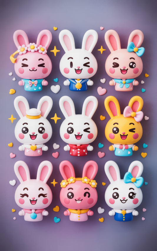 Cute Bunny Figurines Set, Colorful Rabbit Miniatures, Kawaii Easter Decor, Collectible Animal Toys