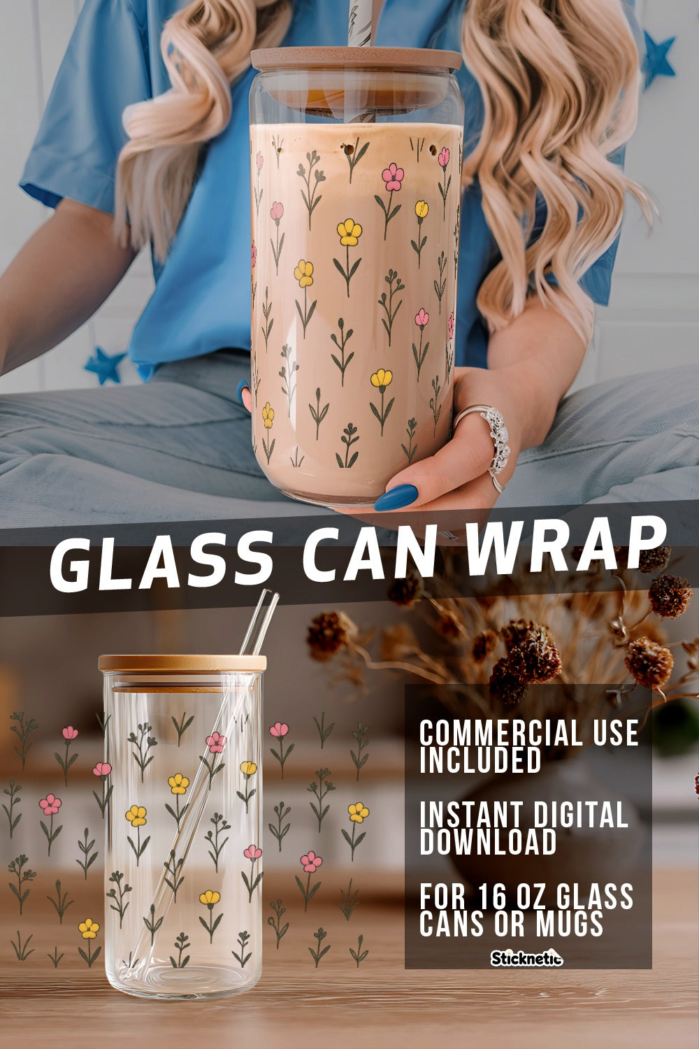 Floral Glass Can Wrap SVG, Digital Download for 16 oz Mugs, Commercial Use, DIY Tumbler Decal Design, Craft Project, Instant Access