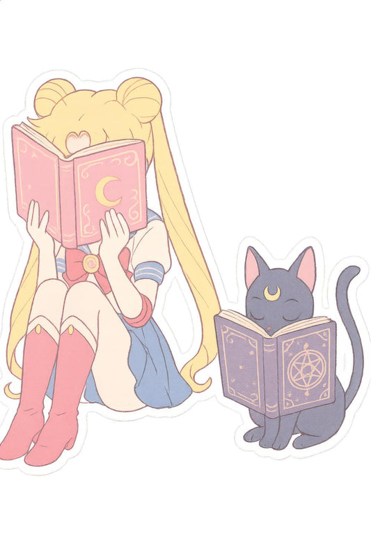 Sailor Moon Inspired Sticker, Cute Anime Girl Reading, Magical Cat, Laptop Decal, Planner Stickers, Gift for Anime Fans