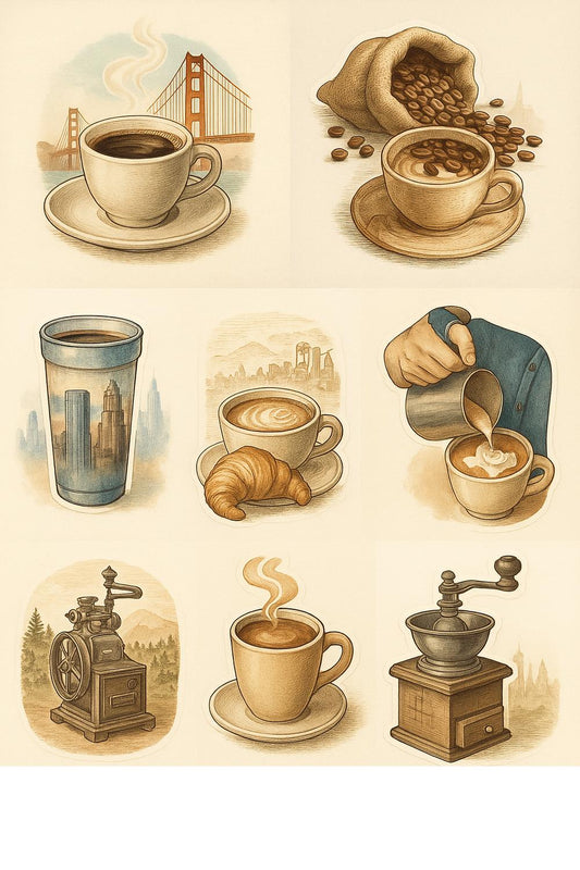 Vintage Coffee Art Print Set, Espresso Machine, Cityscape Mugs, Coffee Beans Illustration, Kitchen Decor, Barista Gift Ideas