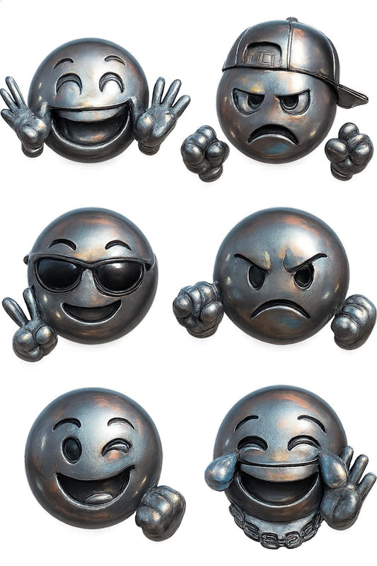 Emoji Face Metal Wall Art Decorations, Smiley Faces with Various Expressions, Set of Six